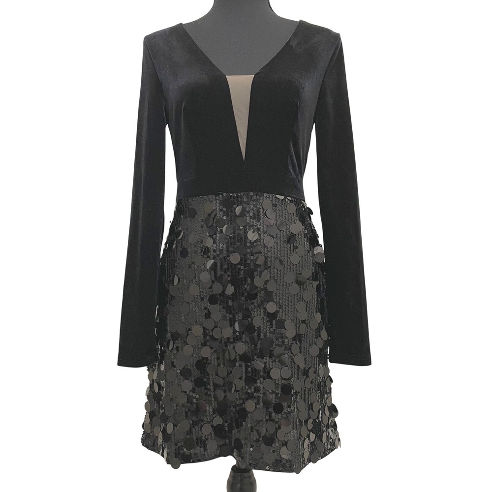 NEW Cherley Black Velvet Sequin Mini Dress Long Sleeve Small NWT Party Club Hoco